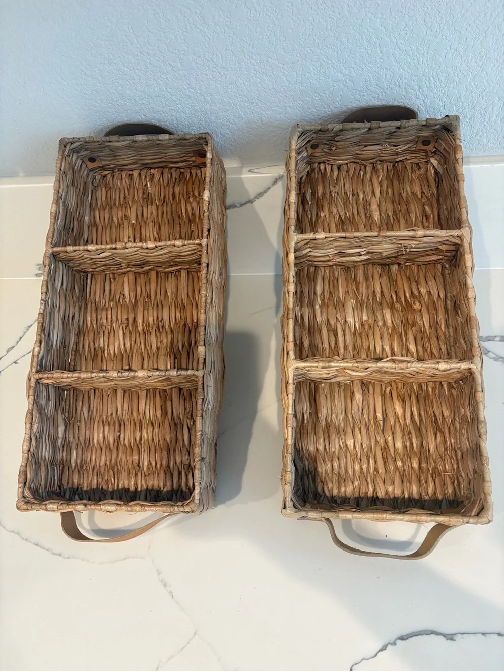 Set of two 3-Compartment Organizer Tray Set with Leather Handles - Natural
